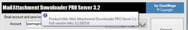 Popup showing the program's version and build